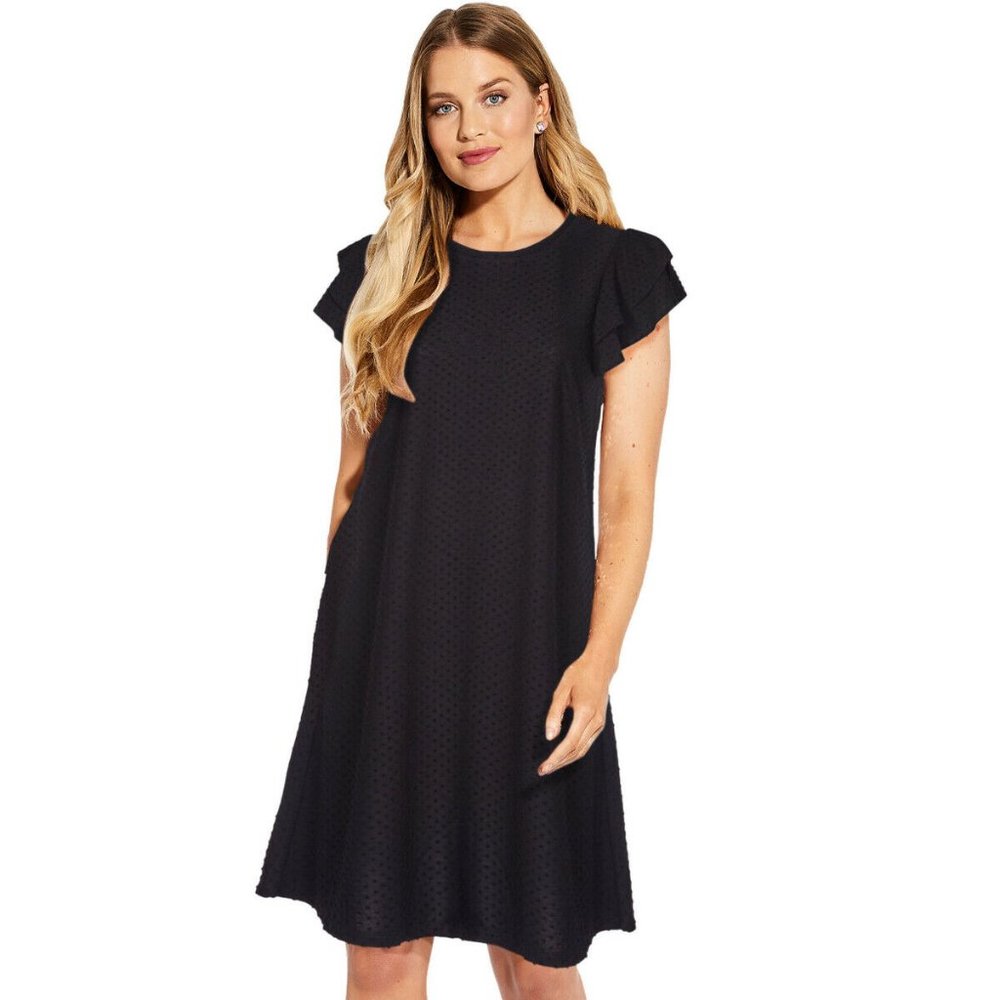 ADRIANNA PAPELL NWT Black Dot Flutter Sleeve Dress ~Feminine & Flattering A-line